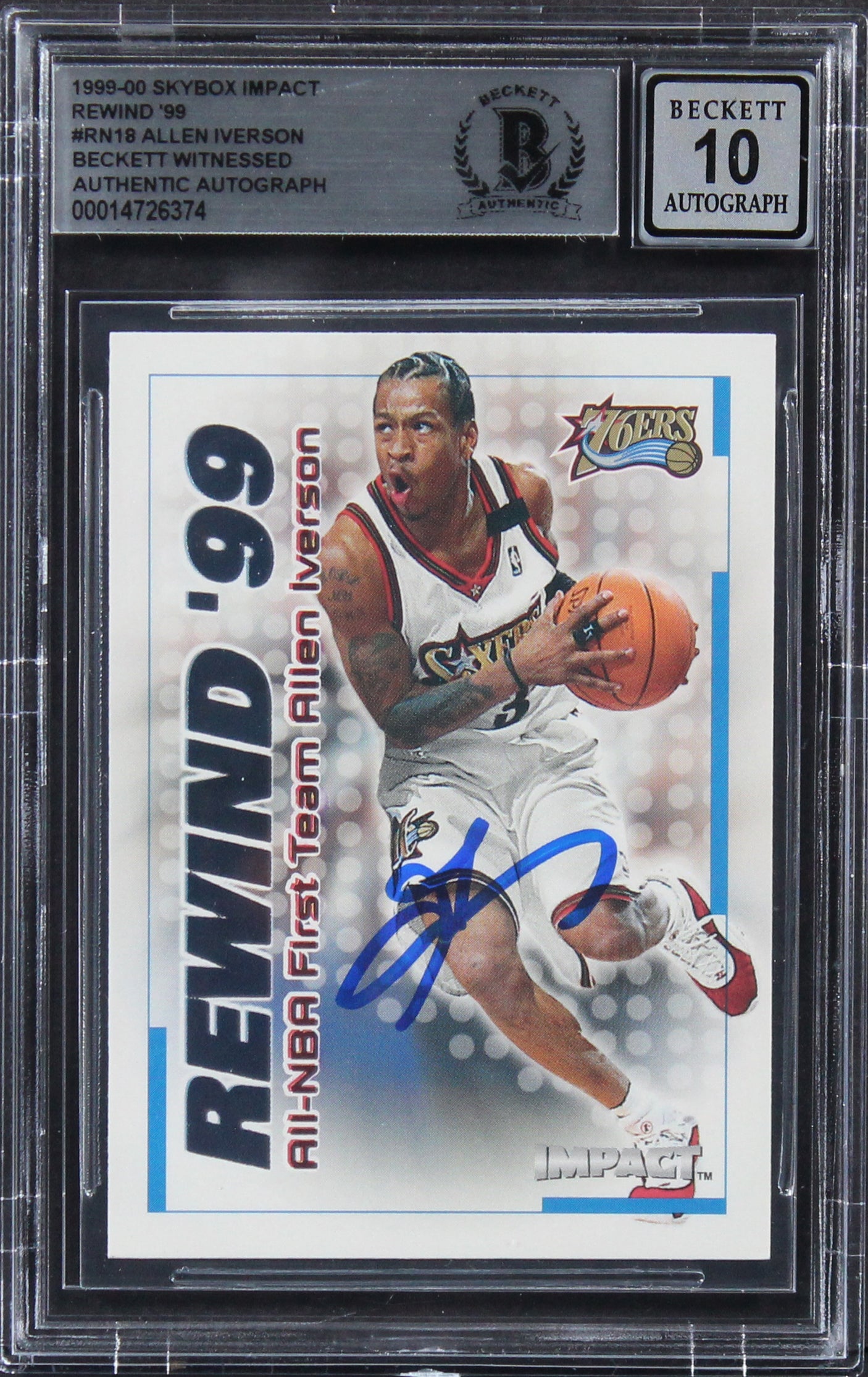 Allen Iverson Signed 1999 Skybox Impact Rewind '99 #RN18 Card Auto 10! BAS Slab