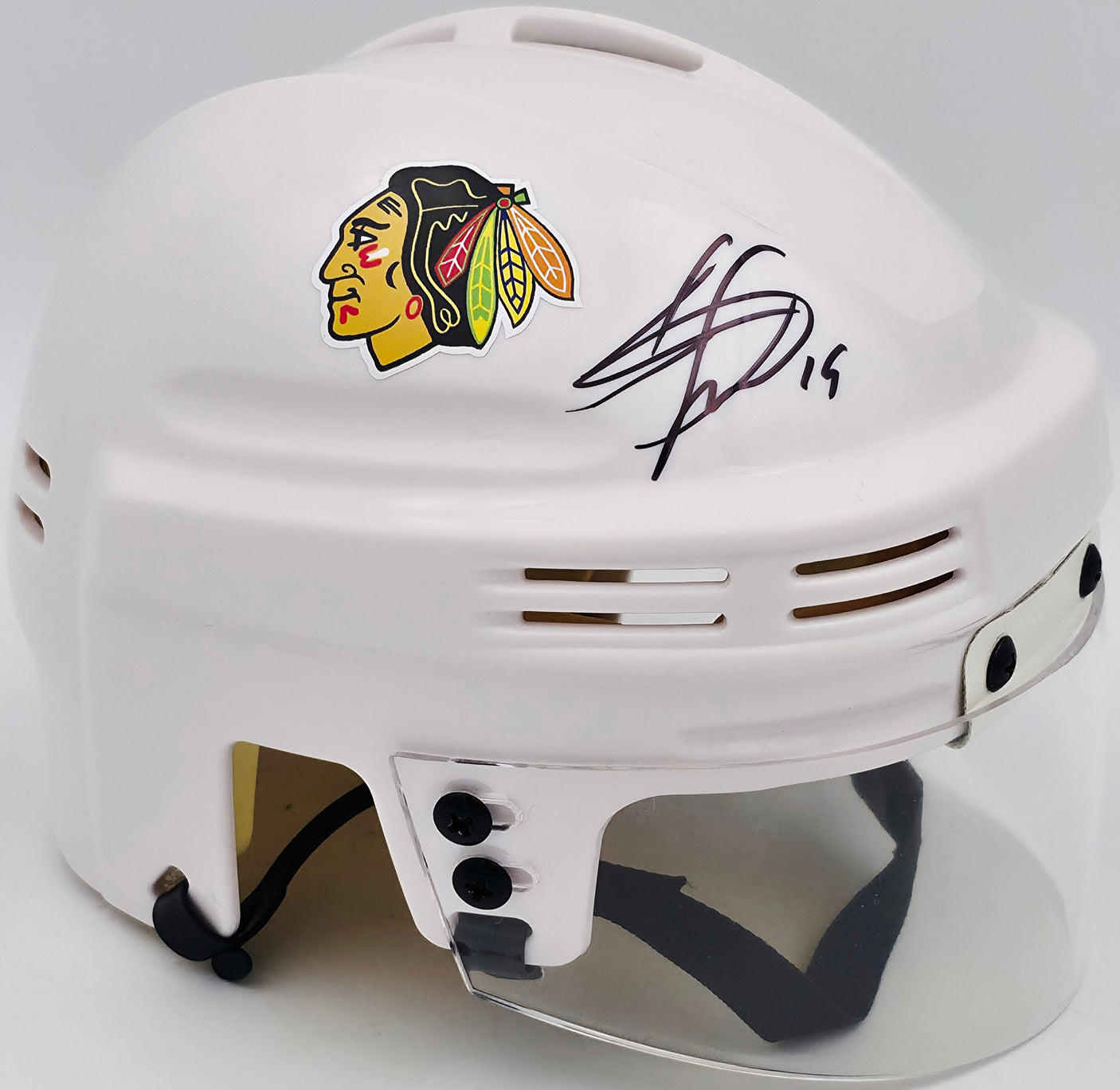 Jonathan Toews Autographed Chicago Blackhawks White Mini Helmet Beckett BAS Witness Stock #250192