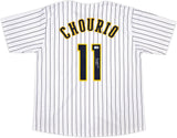 Milwaukee Brewers Jackson Chourio Autographed White Jersey Beckett BAS QR Stock #250267