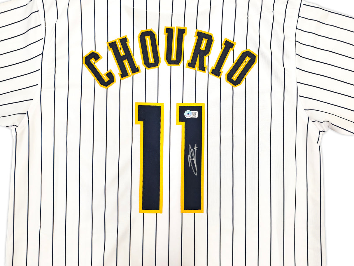 Milwaukee Brewers Jackson Chourio Autographed White Jersey Beckett BAS QR Stock #250267