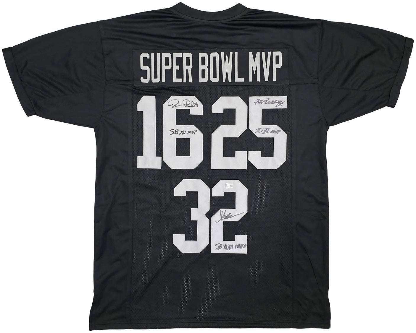 Oakland Raiders Super Bowl MVP's Fred Biletnikoff, Jim Plunkett and Marcus Allen Autographed Black Jersey Beckett BAS Stock #249489