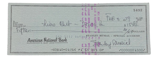 Stan Musial St. Louis Cardinals Signed Bank Check #5492 BAS - Sports Integrity