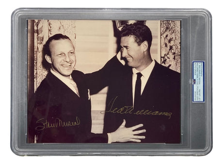 Sports Integrity Ted Williams & Stan Musial Signed 8x10 Photo—PSA NM-MT 8.5 slabbed, both autographs present; image shows the two smiling and greeting in front of a curtain, encased in a protective holder.