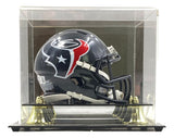 The Stefon Diggs Signed Houston Texans Mini Speed Helmet by Sports Integrity is showcased in a clear display case with a black base and gold accents.