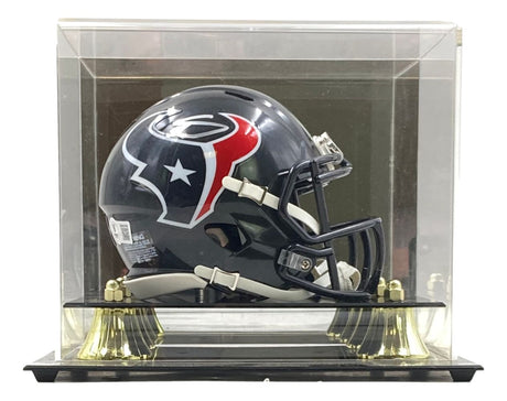 The Stefon Diggs Signed Houston Texans Mini Speed Helmet by Sports Integrity is showcased in a clear display case with a black base and gold accents.