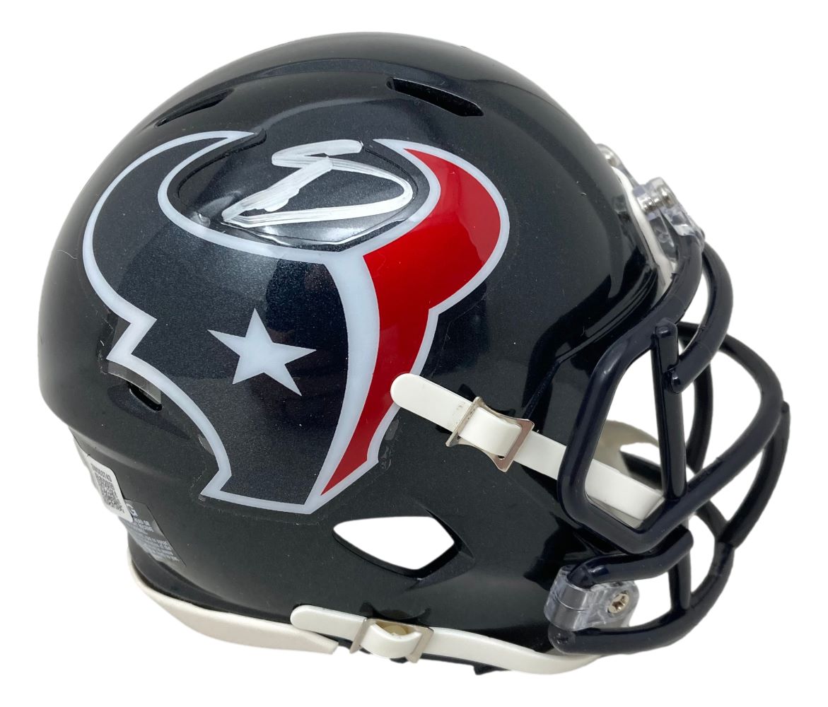 The Stefon Diggs Signed Houston Texans Mini Speed Helmet by Sports Integrity features a black shell with a white, red, and silver bull logo and star, black facemask, and white chin strap.