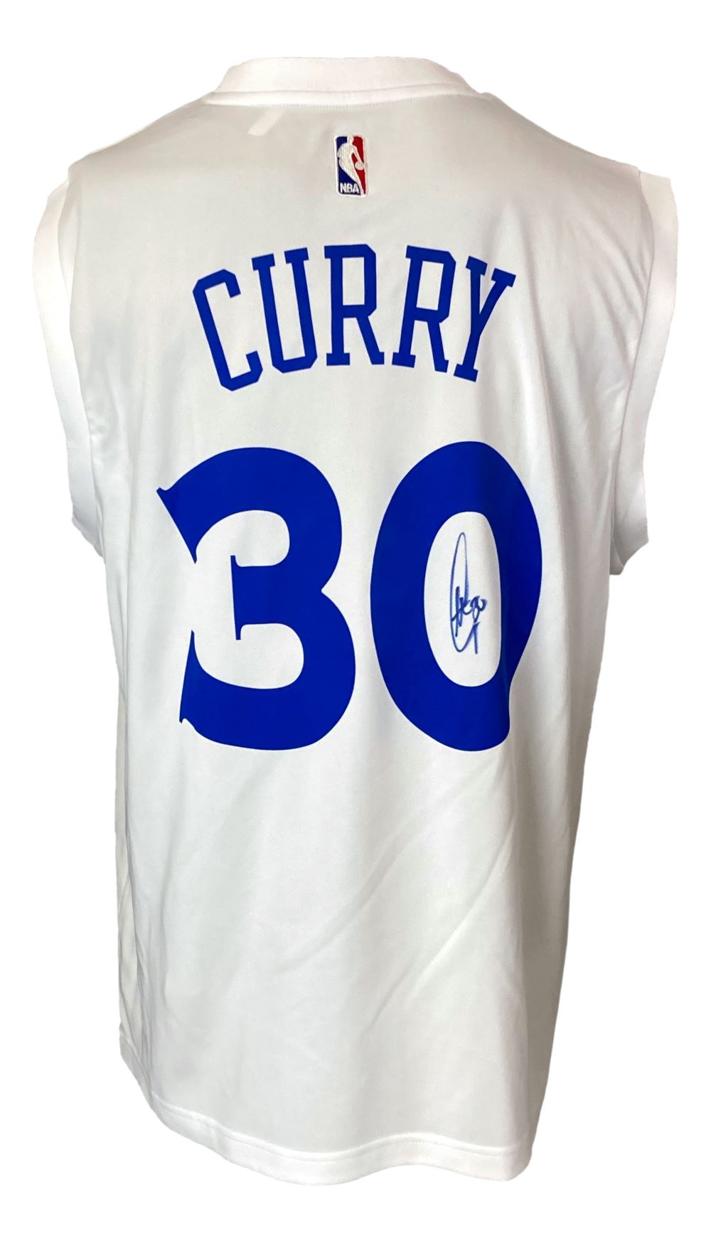 A white Stephen Curry Warriors Adidas jersey from Sports Integrity, featuring blue CURRY text and number 30 on the back with a signature inside the zero; 2017 Champions edition authenticated by JSA.