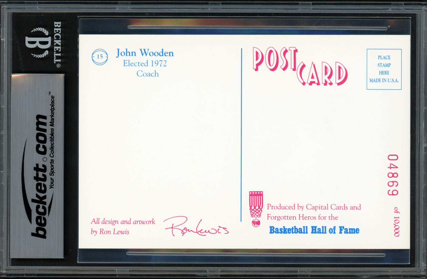 John Wooden Autographed 3.5x5.5 Ron Lewis Postcard UCLA Bruins "UCLA" Beckett BAS Stock #251035