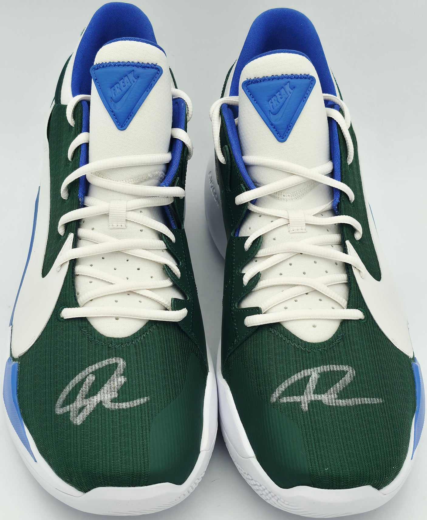 Giannis Antetokounmpo Autographed 2021 Player Exclusive (PE) Promo Fir, Phantom & White Nike Zoom Freak 2 MSCO Shoes Milwaukee Bucks Size 17 Beckett BAS Witness Stock #252595