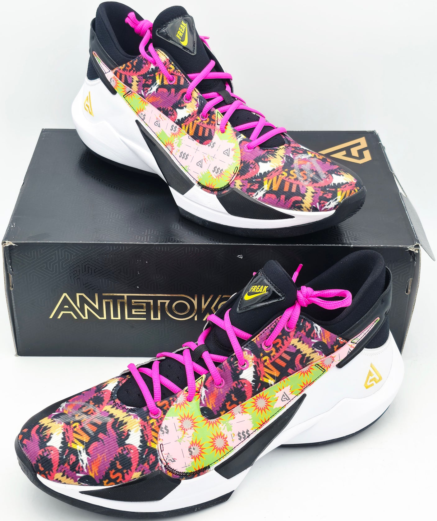 Giannis Antetokounmpo Autographed 2021 Player Exclusive (PE) Promo Black/Multi/Multi Nike Zoom Freak 2 NRG Shoes Milwaukee Bucks Size 17 Beckett BAS Witness Stock #252607