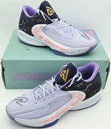 Giannis Antetokounmpo Autographed 2022 Player Exclusive (PE) Promo Oxygen Purple/SPC Purple Grey Nike Zoom Freak 4 ASW Shoes Milwaukee Bucks Size 17 Beckett BAS Witness Stock #252720