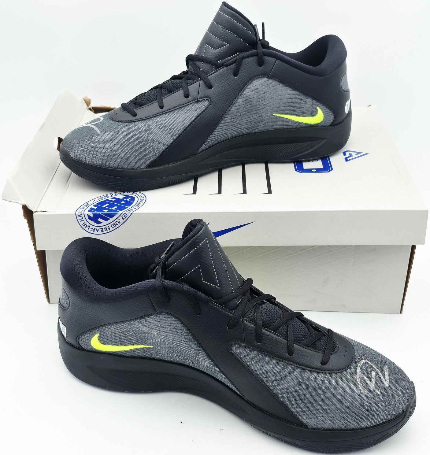 Giannis Antetokounmpo Autographed 2024 Player Exclusive (PE) Promo Black, Volt & Cool Grey Nike Zoom Freak 6 Shoes Milwaukee Bucks Size 17 Beckett BAS Witness Stock #252733