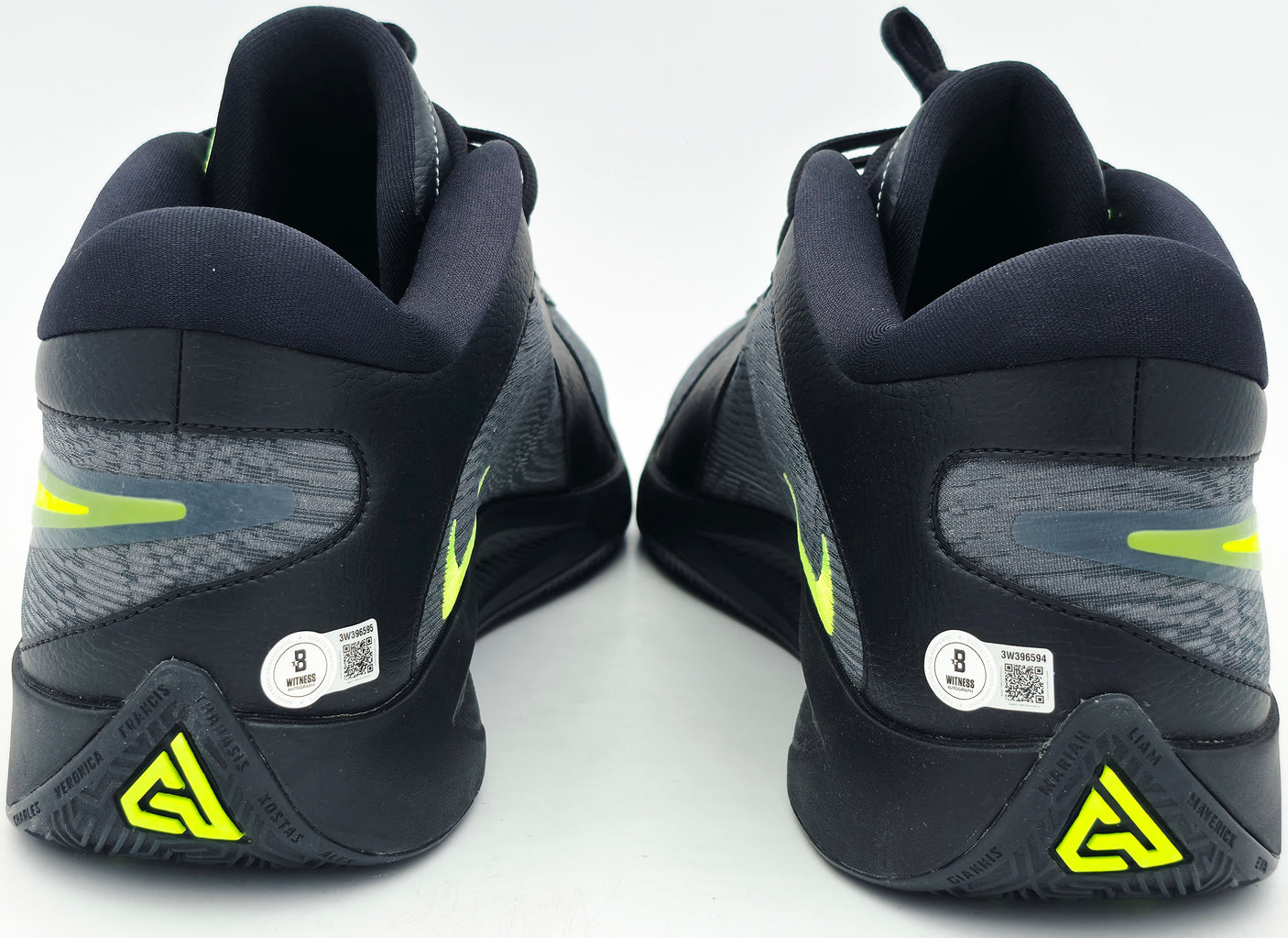 Giannis Antetokounmpo Autographed 2024 Player Exclusive (PE) Promo Black/Volt/Cool Grey Nike Zoom Freak 6 Shoes Milwaukee Bucks Size 17 Beckett BAS Witness Stock #252733
