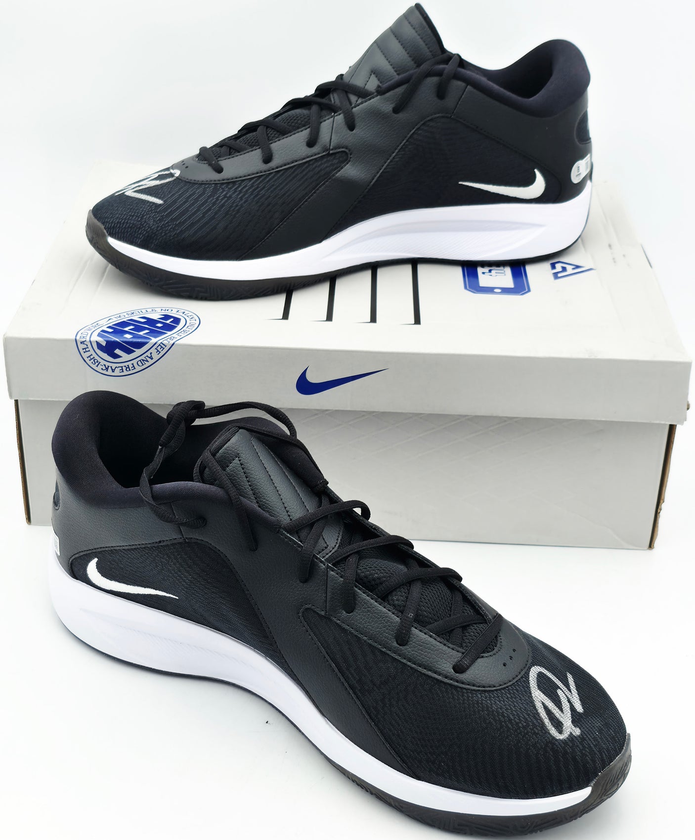 Giannis Antetokounmpo Autographed 2024 Player Exclusive (PE) Promo Black, Flat Silver & White Nike Zoom Freak 6 Shoes Milwaukee Bucks Size 17 Beckett BAS Witness Stock #252735