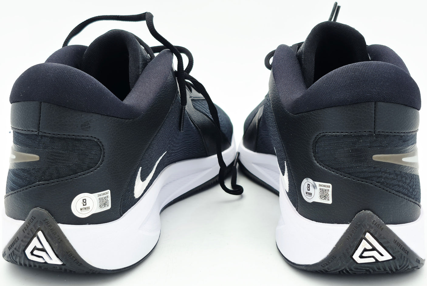 Giannis Antetokounmpo Autographed 2024 Player Exclusive (PE) Promo Black, Flat Silver & White Nike Zoom Freak 6 Shoes Milwaukee Bucks Size 17 Beckett BAS Witness Stock #252735