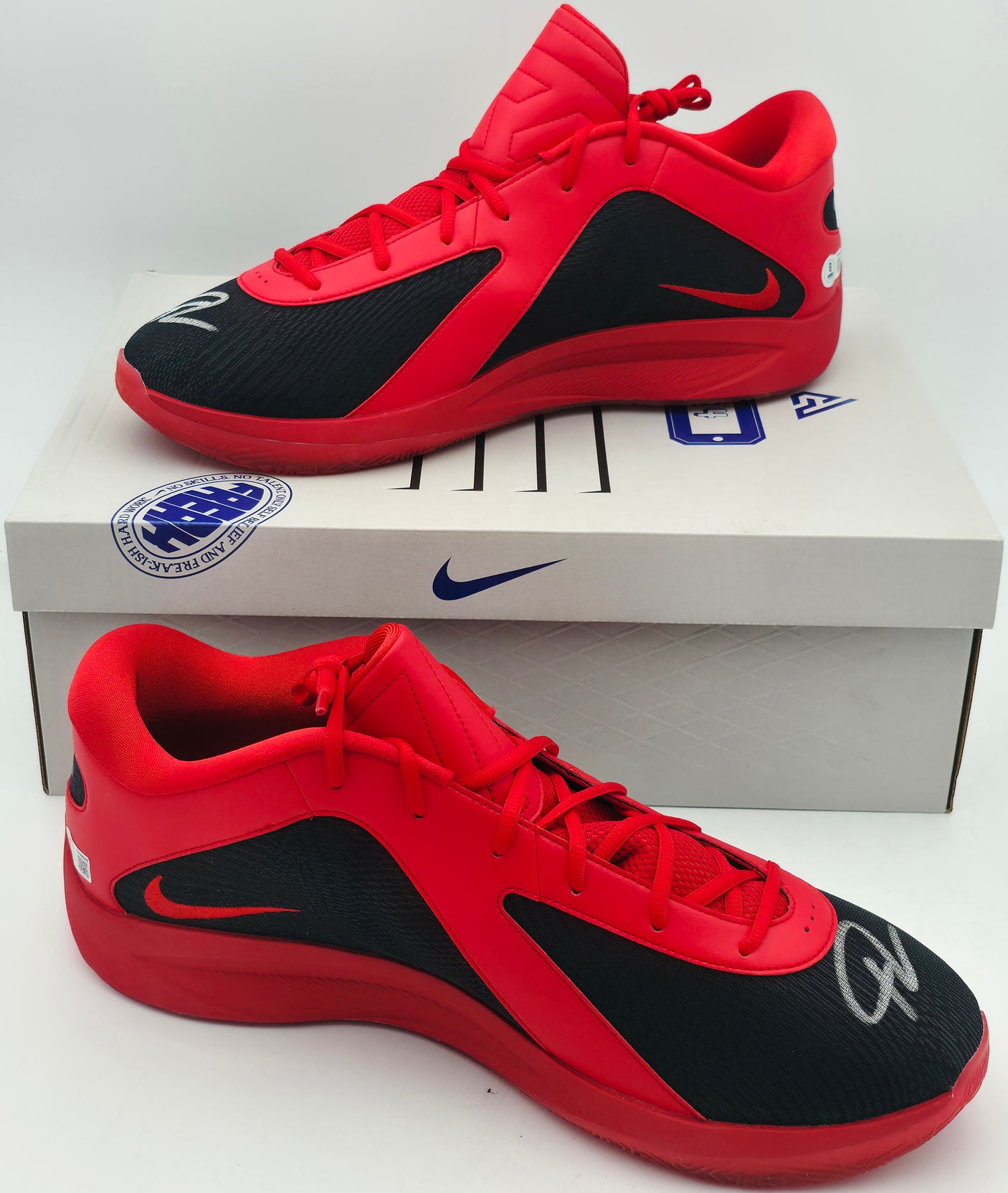 Giannis Antetokounmpo Autographed 2024 Player Exclusive (PE) Promo Black & University Red Nike Zoom Freak 6 Shoes Milwaukee Bucks Size 17 Beckett BAS Witness Stock #252756