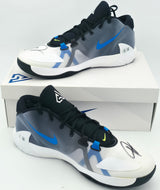 Giannis Antetokounmpo Autographed 2019 Player Exclusive (PE) Promo White, Metallic Silver & Fir Nike Zoom Freak 1 Shoes Milwaukee Bucks Size 17 Beckett BAS Witness Stock #252757