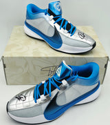 Giannis Antetokounmpo Autographed 2023 Player Exclusive (PE) Promo Phantom Blue/Black Metallic Nike Zoom Freak 5 Shoes Milwaukee Bucks Size 17 Beckett BAS Witness Stock #252699