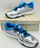 Giannis Antetokounmpo Autographed 2023 Player Exclusive (PE) Promo Phantom Blue & Black Metallic Nike Zoom Freak 5 Shoes Milwaukee Bucks Size 17 Beckett BAS Witness Stock #252699