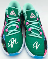 Giannis Antetokounmpo Autographed 2023 Player Exclusive (PE) Promo Light Phantom Blue, Black & Plyfl Nike Zoom Freak 5 Shoes Milwaukee Bucks Size 17 Beckett BAS Witness Stock #252700