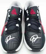 Giannis Antetokounmpo Autographed 2023 Player Exclusive (PE) Promo Black & University Red Nike Zoom Freak 5 Shoes Milwaukee Bucks Size 17 Beckett BAS Witness Stock #252706