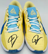Giannis Antetokounmpo Autographed 2023 Player Exclusive (PE) Promo Soft Yellow & Light Phantom Blue Nike Zoom Freak 5 Shoes Milwaukee Bucks Size 17 Beckett BAS Witness Stock #252709