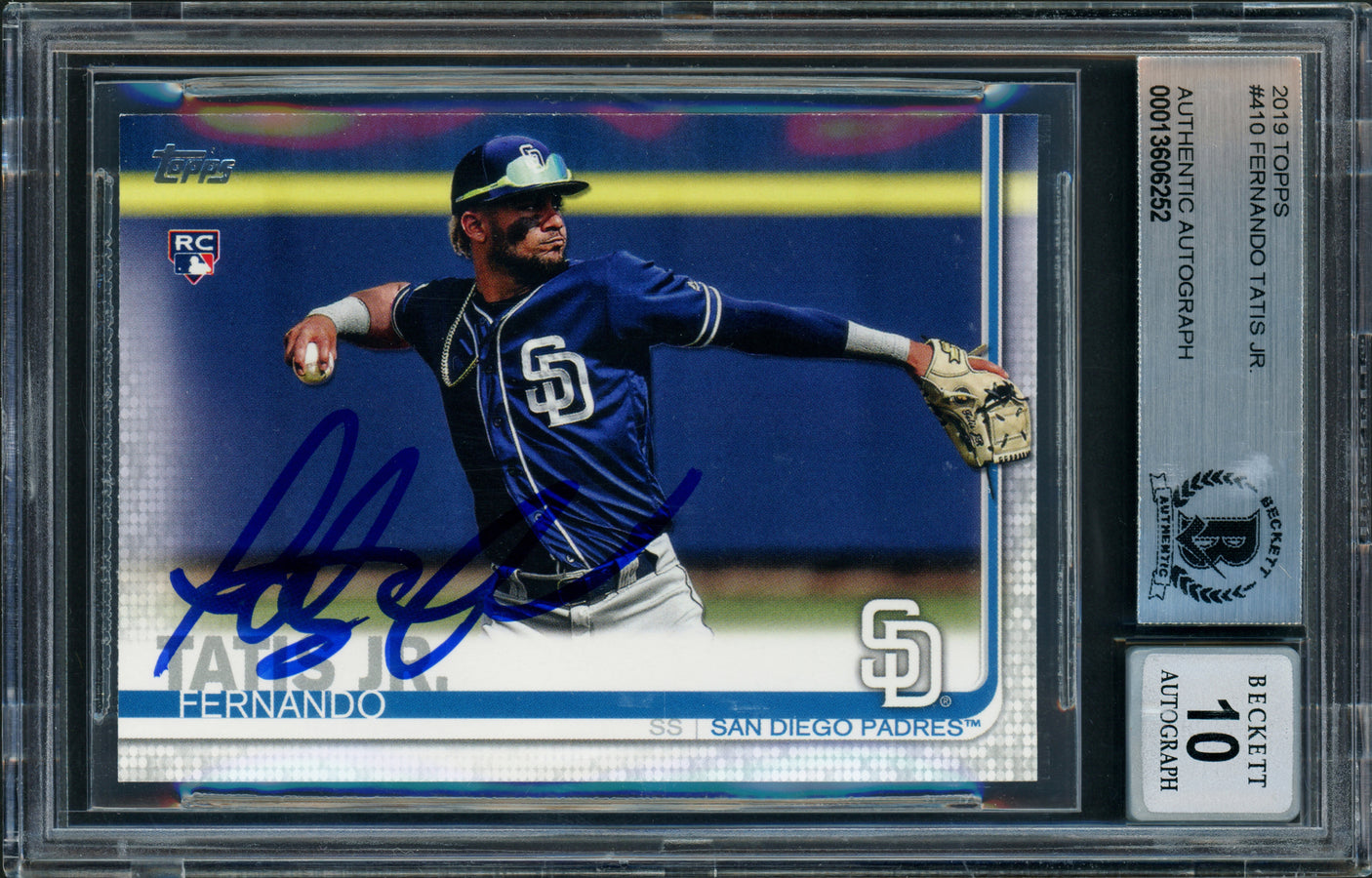 Fernando Tatis Jr. Autographed 2019 Topps Rookie Card #410 San Diego Padres Auto Grade Gem Mint 10 Beckett BAS Stock #253240