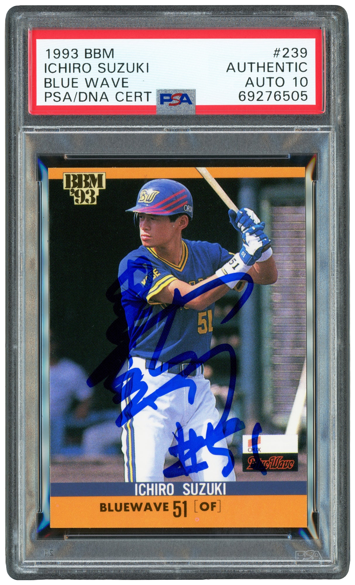 Ichiro Suzuki Autographed 1993 BBM Rookie Card #239 Orix Blue Wave Auto Grade Gem Mint 10 "#51" (Signed in Kanji) PSA/DNA Stock #253241