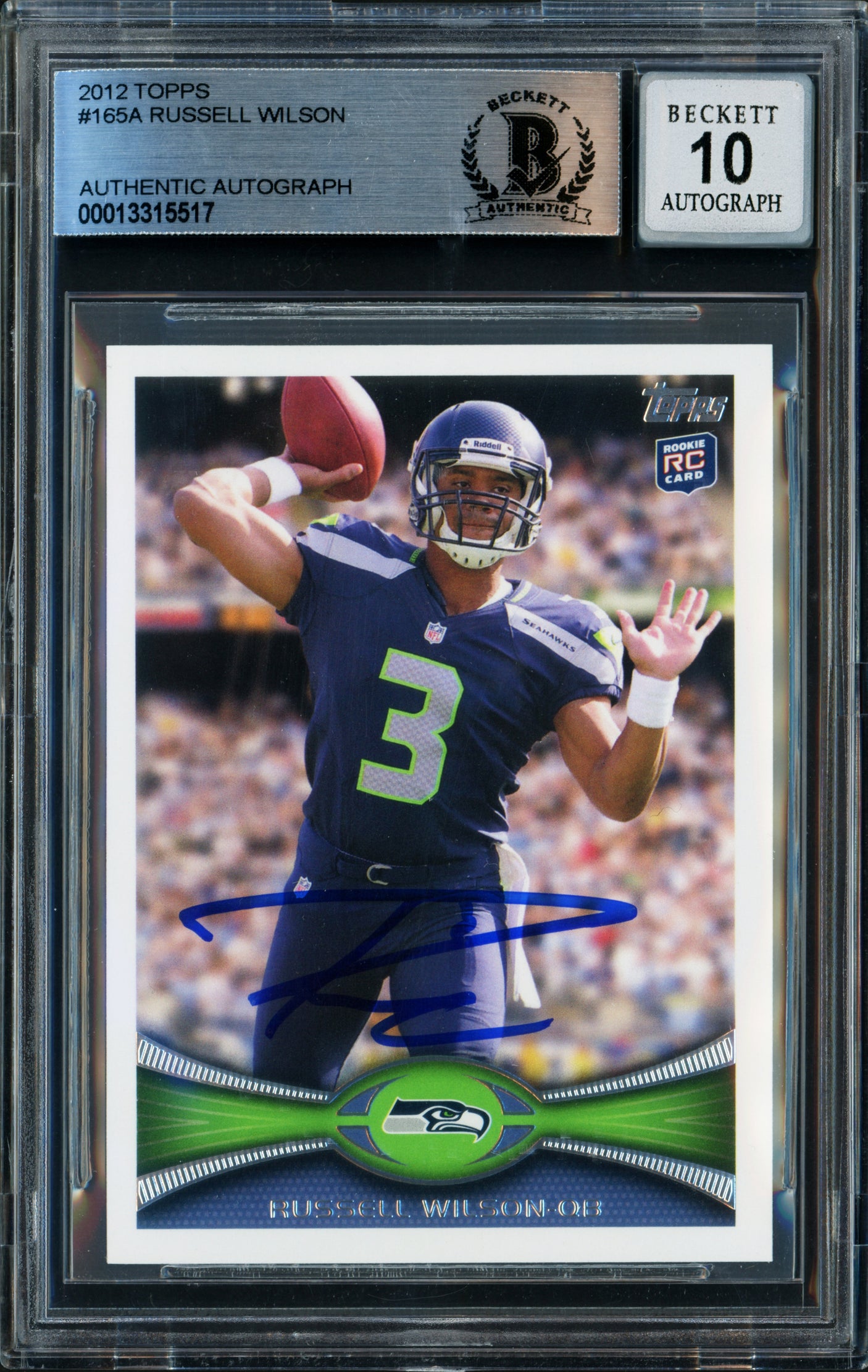 Russell Wilson Autographed 2012 Topps Rookie Card #165 Seattle Seahawks Auto Grade Gem Mint 10 Beckett BAS Stock #253243