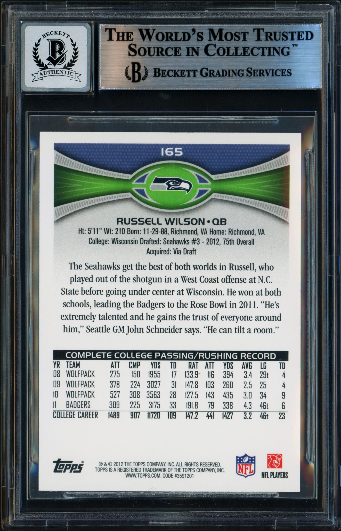Russell Wilson Autographed 2012 Topps Rookie Card #165 Seattle Seahawks Auto Grade Gem Mint 10 Beckett BAS Stock #253243