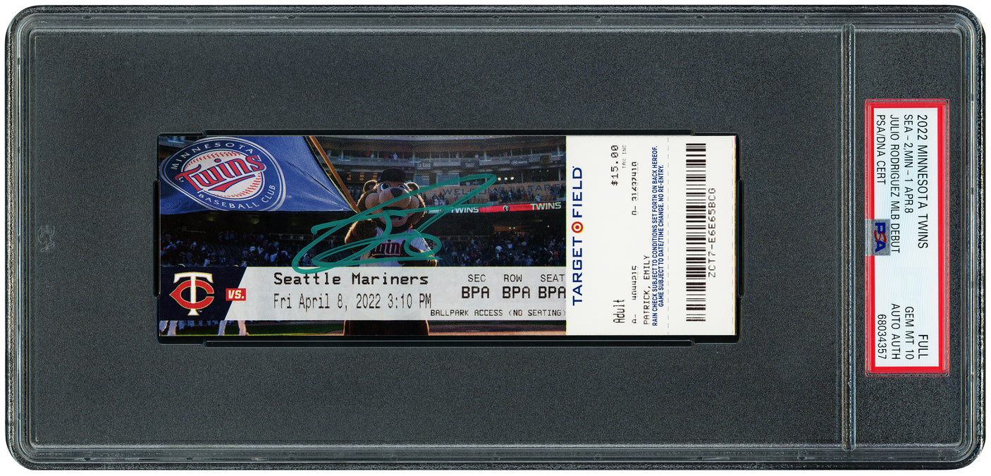 Julio Rodriguez Autographed 2022 MLB Debut Rookie Full Ticket Seattle Mariners PSA 10 April 8th, 2022 PSA/DNA Stock #253244