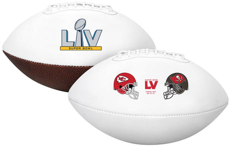 The Kansas City Chiefs vs Tampa Bay Buccaneers Super Bowl LV Logo Football by Sports Integrity features two white footballs—one with the LV logo and another displaying both teams’ helmets and event details.