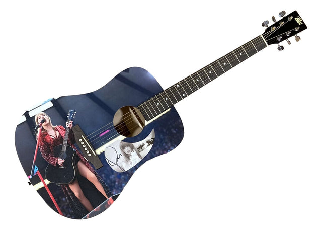 The Sports Integrity Taylor Swift Signed 41" Red Jacket Graphic Acoustic Guitar features images of Taylor in a red jacket, a B&W portrait, and her signature on the body.