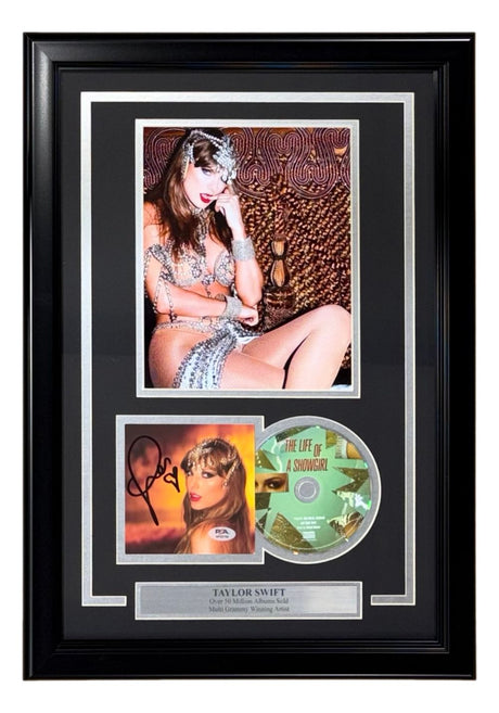 Sports Integrity’s framed display features a PSA/DNA-certified Taylor Swift autograph, 8x10 "Life of a Showgirl" photo, and engraved plaque—ideal for collectors and fans.