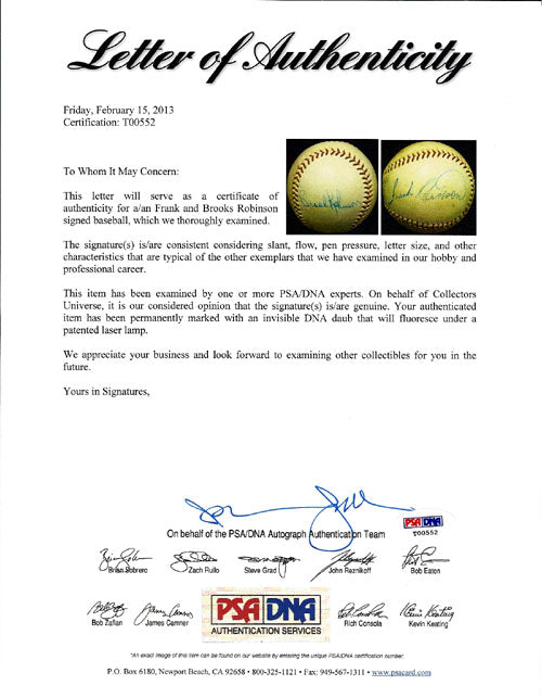 Frank Robinson & Brooks Robinson Autographed Official AL Cronin Baseball Baltimore Orioles PSA/DNA #T00552