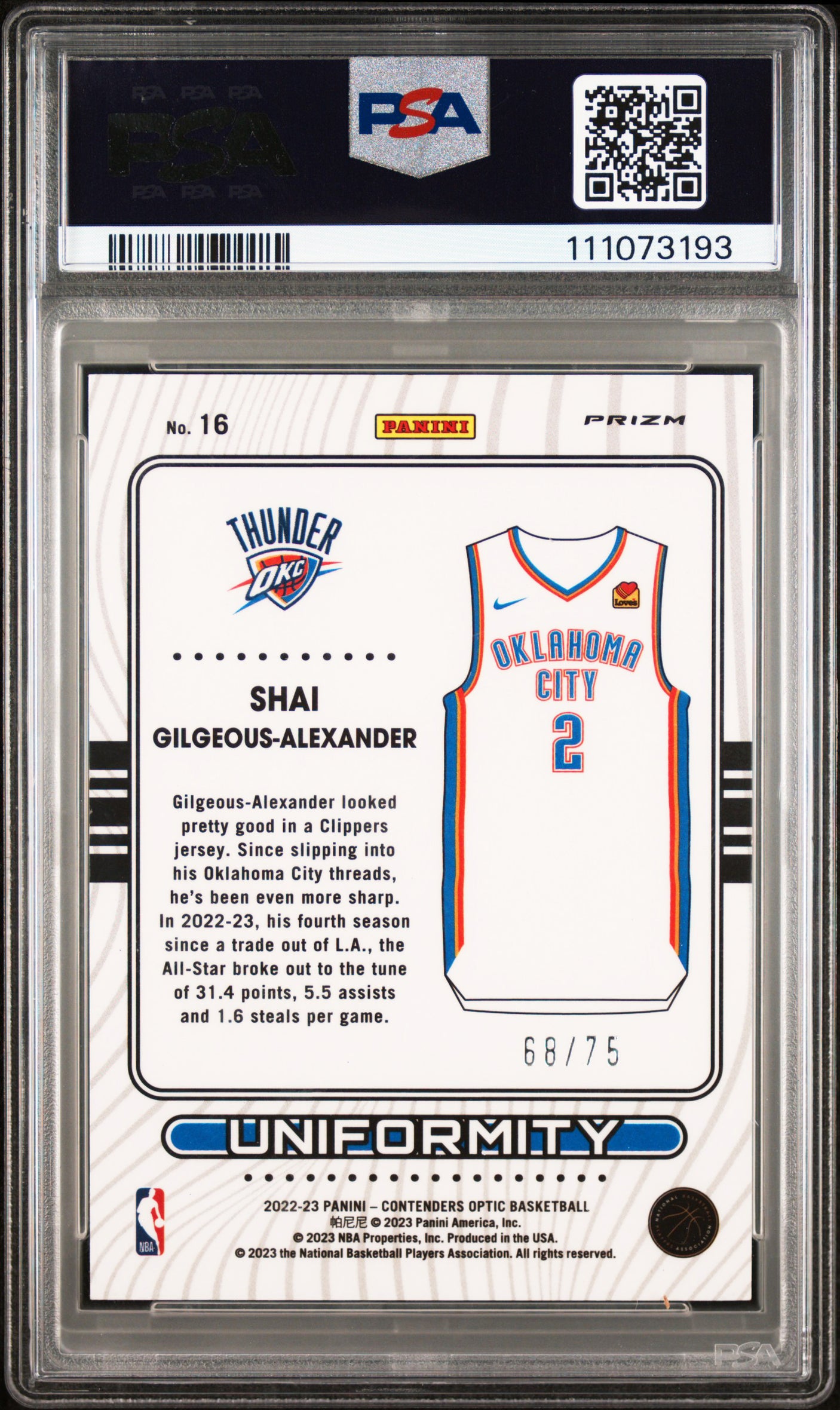 Shai Gilgeous-Alexander Signed 2022 Panini Contenders #16 Card Auto 9 PSA Slab