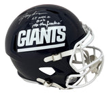 The Sports Integrity Lawrence Taylor Signed New York Giants FS T/B Speed Replica Helmet features a bold GIANTS logo, white facemask, and includes his silver autograph with a handwritten message on top.