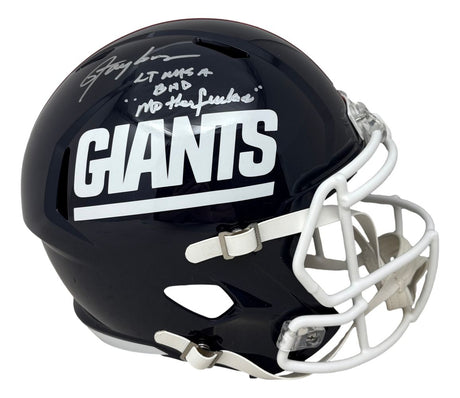 The Sports Integrity Lawrence Taylor Signed New York Giants FS T/B Speed Replica Helmet features a bold GIANTS logo, white facemask, and includes his silver autograph with a handwritten message on top.