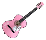 The Taylor Swift Signed 38" Tortured Poets Department Pink Acoustic Guitar by Sports Integrity features a pink finish, her signature on the body, and a black-and-white photo of Taylor Swift near the sound hole.