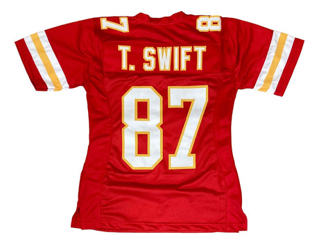 The Sports Integrity Taylor Swift Kansas City Red Ladies Football Jersey in women's size medium features yellow and white sleeve stripes, with "T. SWIFT" and the number 87 in bold white and yellow on the back.