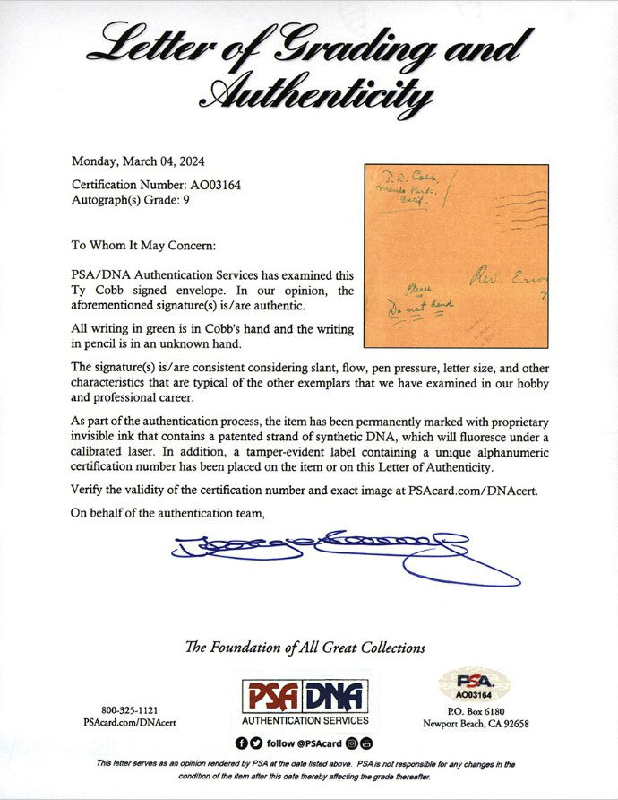 Tigers Ty Cobb Authentic Signed 1905 MLB Debut Photo Auto 9! PSA/DNA Slabbed