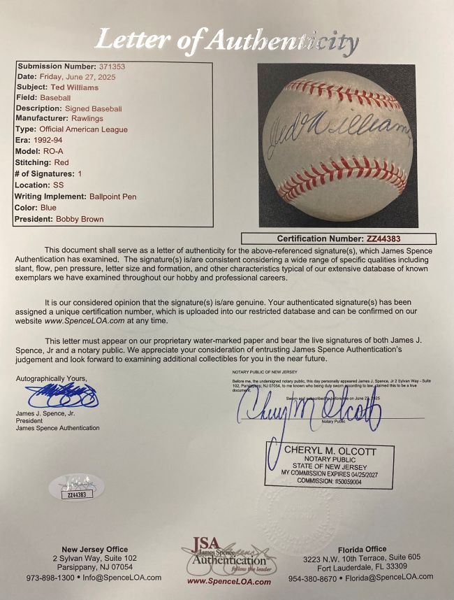 Ted Williams Red Sox Signed Official American League Baseball JSA ZZ44383