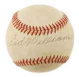 The Sports Integrity Ted Williams Red Sox Signed Official American League Baseball (JSA ZZ44591) features red stitching and Ted Williams’ cursive black ink signature.