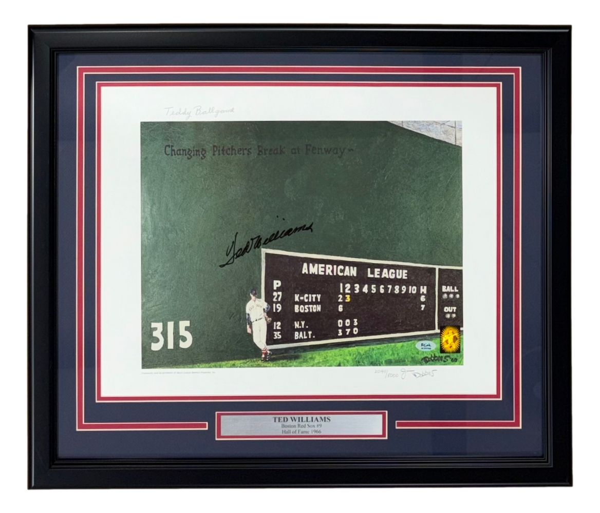 The Sports Integrity Ted Williams Signed Framed 16x20 Boston Red Sox Photo features his autograph, a plaque reading "Ted Williams - Outfield, Boston Red Sox," and a red and white accented frame. Includes PSA/DNA LOA.