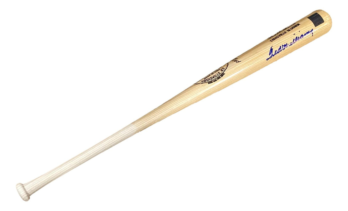 A Ted Williams Boston Red Sox signed Louisville Slugger bat by Sports Integrity, featuring a blue autograph near the barrel and authenticated with PSA/DNA LOA.