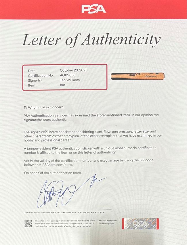 Ted Williams Boston Red Sox Signed LS The Kid Bat LE/344 PSA/DNA LOA