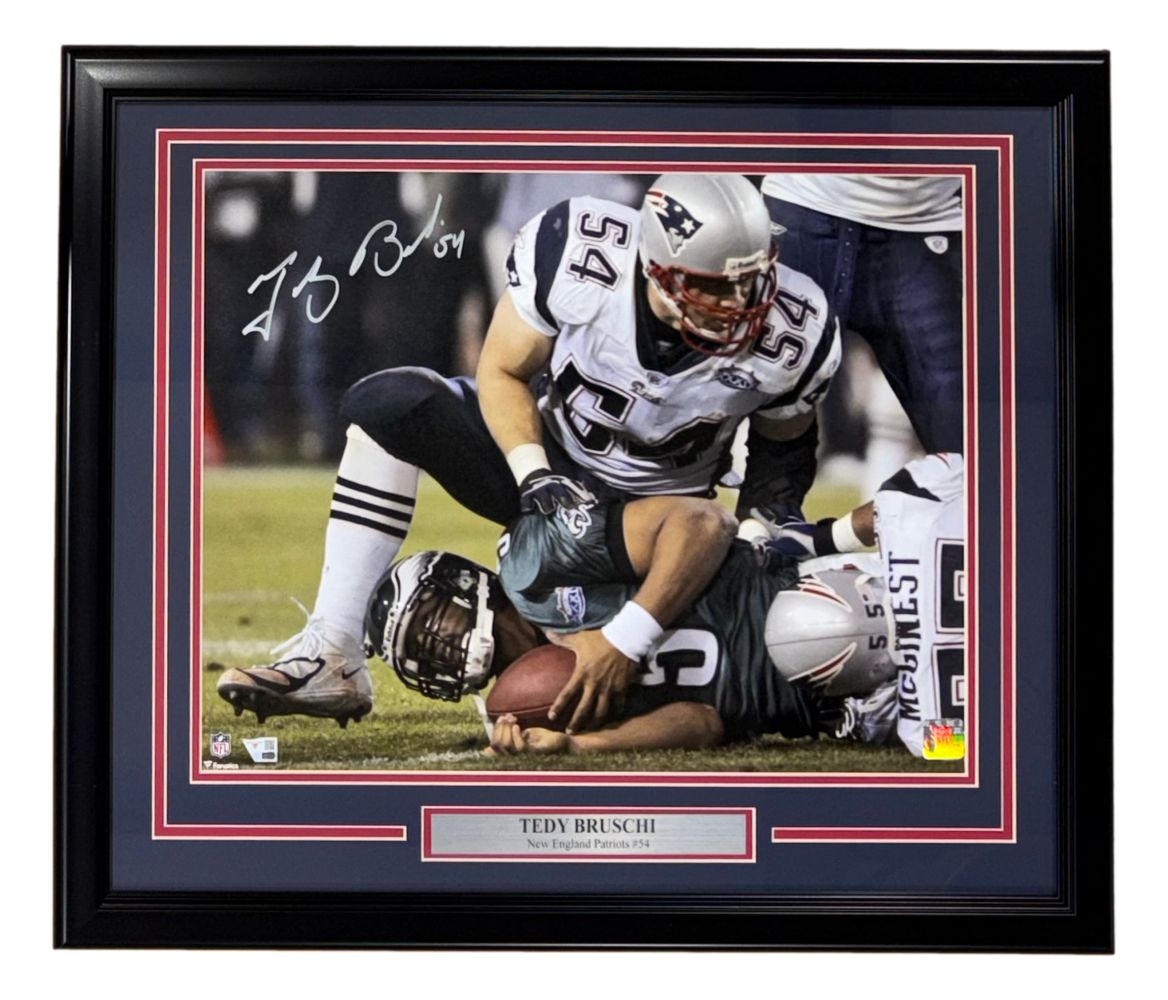 Tedy Bruschi Signed Framed 16x20 New England Patriots vs Eagles Photo Fanatics