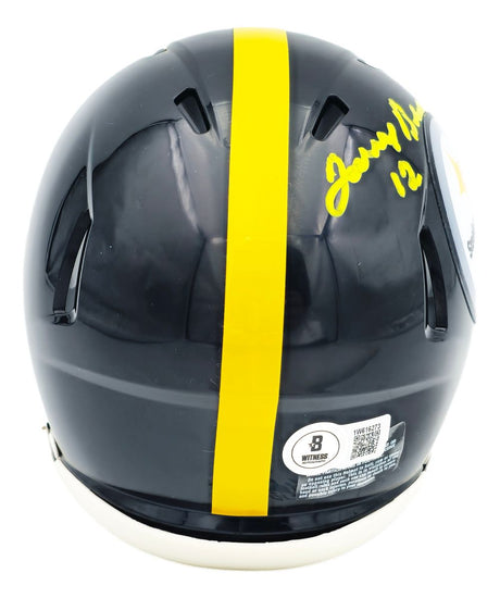 The Sports Integrity Terry Bradshaw Signed In Yellow Pittsburgh Steelers Mini Speed Helmet BAS features a yellow autograph with #12, the team logo, a yellow central stripe, and authentication stickers near the base.