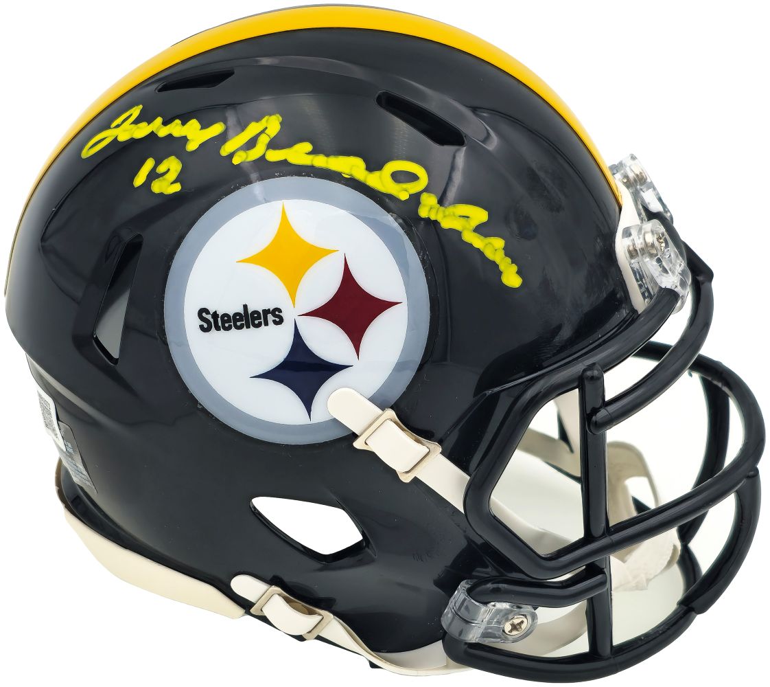 The Sports Integrity Terry Bradshaw Signed in Yellow Pittsburgh Steelers Mini Speed Helmet features the team logo and Bradshaw's autograph on a collectible black helmet.