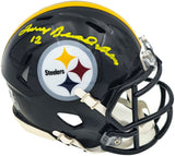 The Sports Integrity Terry Bradshaw Signed in Yellow Pittsburgh Steelers Mini Speed Helmet features the team logo and Bradshaw's autograph on a collectible black helmet.